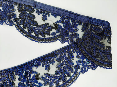 Black Net Scallop Lace Trim with Navy Blue Floral Embroidery With Sequins, Sari Border, Embroidered Trim